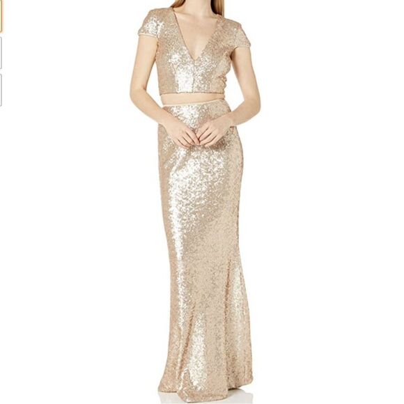 Dress The Population Size Small Cara Two Piece Gown Gold Sequin Holiday Party - Picture 2 of 16